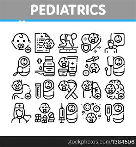 Pediatrics Medical Collection Icons Set Vector. Child And Pediactrics Nurse, Baby On Electronic Scale And Healthcare Cream Concept Linear Pictograms. Monochrome Contour Illustrations. Pediatrics Medical Collection Icons Set Vector