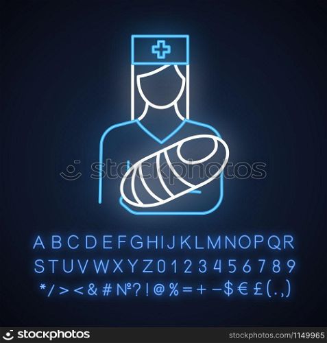 Pediatrics neon light icon. Nurse with baby. Doctor carrying infant. Childcare. Premature newborn. Medical procedures. Glowing sign with alphabet, numbers and symbols. Vector isolated illustration