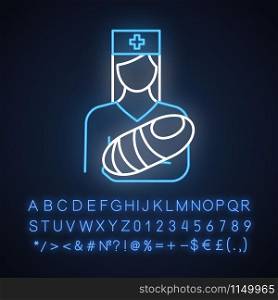 Pediatrics neon light icon. Nurse with baby. Doctor carrying infant. Childcare. Premature newborn. Medical procedures. Glowing sign with alphabet, numbers and symbols. Vector isolated illustration