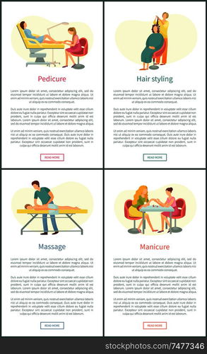 Pedicure and manicure, massage procedure and hair styling. Posters set with text sample and experienced beauty stylists and masseur in uniform vector. Pedicure and Manicure Massage Posters Set Vector