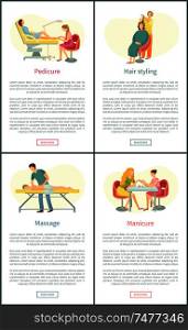Pedicure and manicure, massage procedure and hair styling. Posters set with text sample and experienced beauty stylists and masseur in uniform vector. Pedicure and Manicure Massage Posters Set Vector
