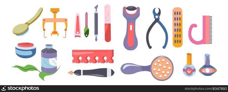 Pedicure and manicure salon kit and equipment, isolated tools, scissors and brushes, nail polish and dividers for toes. Fashion and makeup for women in spa, relax and rest. Vector in flat style. Manicure kit, nail polish and brushes for hands