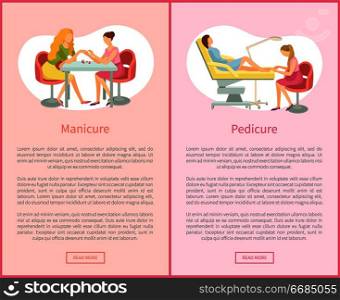 Pedicure and manicure service, posters with text s&le. Manicurist and pedicurist caring for clients nails on hands and feet toes, procedure vector. Pedicure and Manicure Service Posters Set Vector