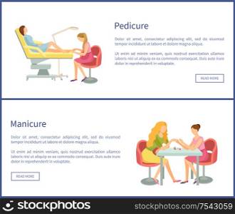 Pedicure and manicure service, web posters with text sample. Manicurist and pedicurist caring for clients nails on hands and feet toes, procedure vector. Pedicure and Manicure Service Posters Set Vector