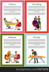 Pedicure and pedicurist, massage and manicure posters set with text sample vector. Manicurist and masseur, professional treatment in beauty salon. Pedicure and Pedicurist Massage Posters Vector