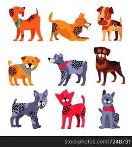 Pedigree dogs with unusual bright spotted fur as Chinese symbols of 2018 year isolated cartoon vector illustrations set on white background.. Pedigree Dogs Isolated Cartoon Illustrations Set