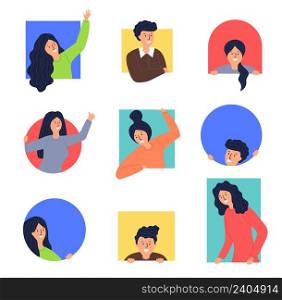 Peek people. Male female characters looking through window frames peeping persons recent vector ads templates. Illustration of character curious, teenager looking from balcony or apartment. Peek people. Male female characters looking through window frames peeping persons recent vector ads templates