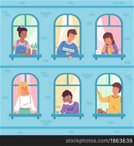 Peeking windows people. Smiling boys and girls look at street through arched windows, young observers, house wall, peeping curious teen characters, stay at home concept, vector cartoon isolated set. Peeking windows people. Smiling boys and girls look at street through arched windows, young observers, house wall, peeping curious teen characters, stay at home, vector cartoon isolated set