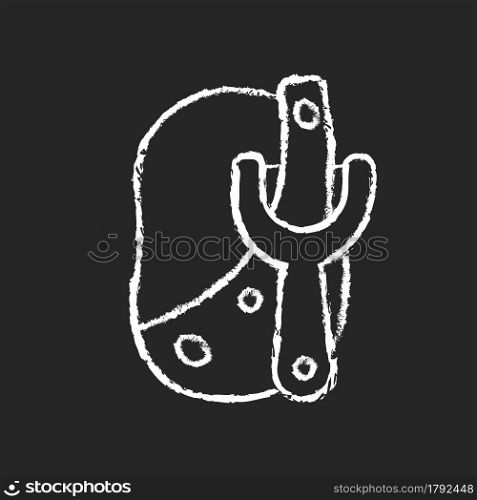 Peel potato chalk white icon on dark background. Cutting skin from vegetable. Recipe step. Peeler tool. Cooking instruction. Food preparation process. Isolated vector chalkboard illustration on black. Peel potato chalk white icon on dark background