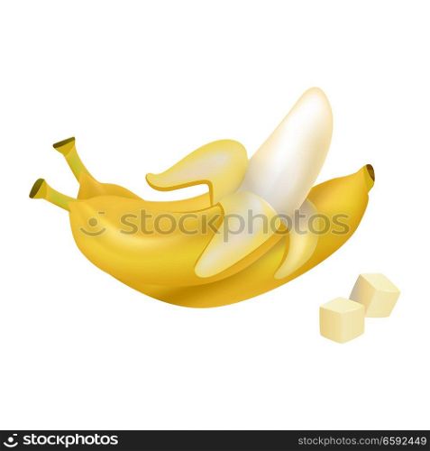 Peeled and diced ripe bananas. Tropical fruit realistic vector isolated on white background. Fresh ingredient of vegetarian salad illustration for healthy food and natural nutrition concepts design. Peeled and Diced Ripe Bananas Vector Illustration