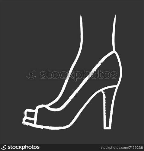 Peep toe high heels chalk icon. Woman stylish footwear design. Female casual shoes, luxury modern summer stilettos. Fashionable party clothing accessory. Isolated vector chalkboard illustration