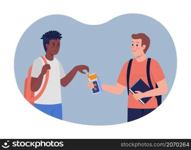 Peer pressure 2D vector isolated illustration. Schoolboy encouraging friend to try cigarette flat characters on cartoon background. Peer influence on adolescent smoking colourful scene. Peer pressure 2D vector isolated illustration