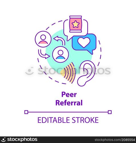 Peer referral concept icon. Friends advice. Customer touchpoints abstract idea thin line illustration. Isolated outline drawing. Editable stroke. Roboto-Medium, Myriad Pro-Bold fonts used. Peer referral concept icon