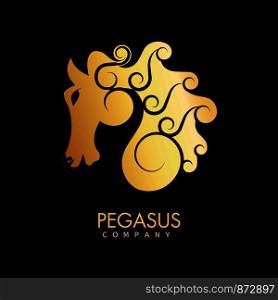 Pegasus company gold promotional emblem with mythical horse that has thick curly mane profile. Creative logotype for organisation with noble animal head isolated vector illustration on black.. Pegasus company gold promotional emblem with mythical horse profile