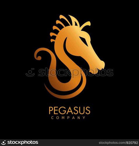Pegasus company logotype of agency isolated icon logo vector mythological creature resembling horse fantasy art with text of agency name and symbol equine sign medieval character gold drawing.. Pegasus company logotype of agency isolated icon logo