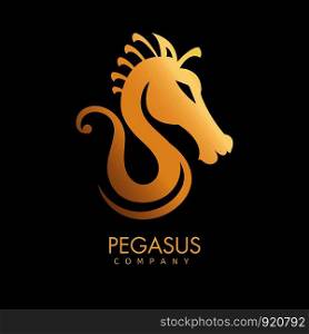 Pegasus company logotype of agency isolated icon logo vector mythological creature resembling horse fantasy art with text of agency name and symbol equine sign medieval character gold drawing.. Pegasus company logotype of agency isolated icon logo