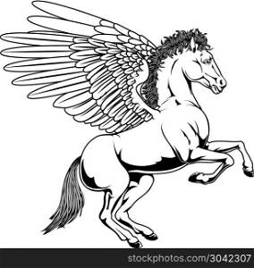 Pegasus illustration. Pegasus horse with wings rearing on its back legs in black and white outline. Pegasus illustration