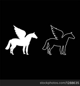 Pegasus Winged horse silhouette Mythical creature Fabulous animal icon outline set white color vector illustration flat style simple image. Pegasus Winged horse silhouette Mythical creature Fabulous animal icon outline set white color vector illustration flat style image