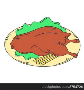Peking duck isolated vector illustration. Fried bird on plate with salad. Asian food. Chinese traditional dish
