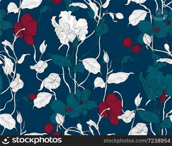 Pelargonium with apple blossoms on a blue background. Floral seamless pattern. Plant textures for fabric, packaging, paper. Decorative print. Pelargonium with apple blossoms on a blue background. Floral seamless pattern. Plant textures for fabric, packaging, paper. Decorative print.