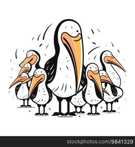 Pelican family. Hand drawn vector illustration isolated on white background.