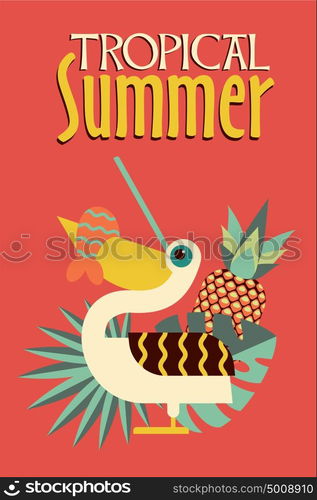 Pelican with fish in beak. Tropical summer vector illustration. Tropical plants and fruits.