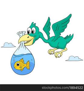 Pelicans are flying and carrying goldfish. cartoon illustration cute animal sticker