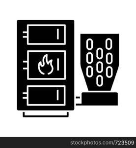 Pellet boiler glyph icon. Central heating system. Solid fuel boiler. Pellet burner system with three chambers. Silhouette symbol. Negative space. Vector isolated illustration. Pellet boiler glyph icon