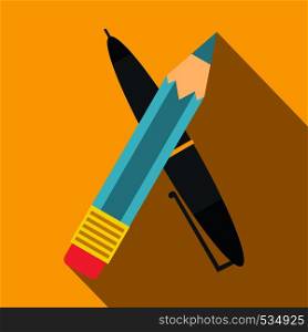 Pen and pencil icon in flat style on a yellow background. Pen and pencil icon, flat style