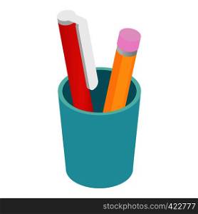 Pen and pencil in a cup isometric 3d icon. School and education icon on a white background. Pen pencil in cup isometric 3d