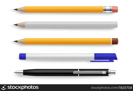 Pen and pencil. Realistic stationery tools for writing and drawing. Yellow and white objects with shadow above view marketing branding template. Corporate identity presentation vector isolated set. Pen and pencil. Realistic stationery tools for writing and drawing. Yellow and white objects with shadow above view marketing branding template. Corporate identity vector isolated set
