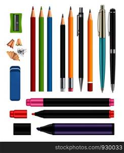 Pen and pencils. Office stationery school colored items of education help vector 3d realistic collection of plastic pen wooden pencils. Illustration of school pencil, stationery pen, marker colored. Pen and pencils. Office stationery school colored items of education help vector 3d realistic collection of plastic pen wooden pencils
