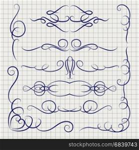 Pen decorative ornaments on notebook page. Ballpoint pen drawing decorative ornaments on notebook page design. Vector illustration