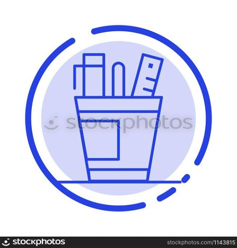 Pen, Desk, Office, Organizer, Supplies, Supply, Tools Blue Dotted Line Line Icon