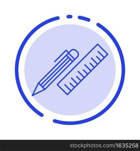 Pen, Desk, Organizer, Pencil, Ruler, Supplies Blue Dotted Line Line Icon