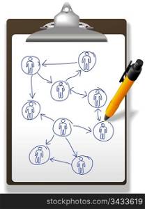 Pen drawing a business diagram of human resources network plan on a clipboard