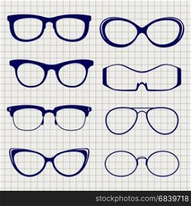 Pen eyeglasses collection on notebook page. Ballpoint pen color eyeglasses collection on notebook page. Vector illustration