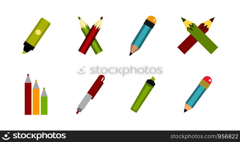 Pen icon set. Flat set of pen vector icons for web design isolated on white background. Pen icon set, flat style