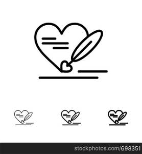 Pen, Love, Heart, Wedding Bold and thin black line icon set