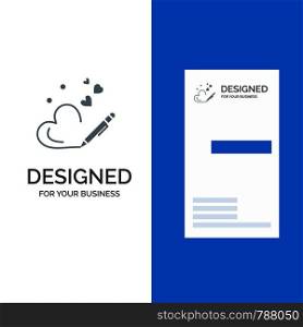 Pen, Love, Heart, Wedding Grey Logo Design and Business Card Template