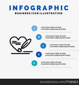 Pen, Love, Heart, Wedding Line icon with 5 steps presentation infographics Background