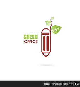 Pen or Pencil sign and green leafs icon vector logo design template.Green Office Template Design.Green office idea concept.Design for greeting Card,Poster,Flyer,Cover,Brochure,Abstract background.Vector illustration