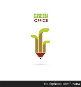 Pen or Pencil sign and green leafs icon vector logo design template.Green Office Template Design.Green office idea concept.Design for greeting Card,Poster,Flyer,Cover,Brochure,Abstract background.Vector illustration