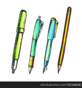 Pen, Pencil And Felt-tip Marker Retro Color Vector. Pen Collection For Writing And Drawing School Equipment. Engraving Concept Template Hand Drawn In Vintage Style Illustrations. Pen, Pencil And Felt-tip Marker Retro Color Vector
