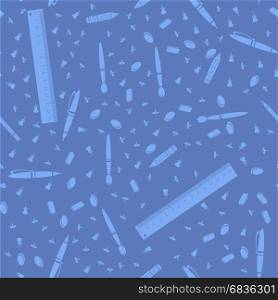 Pen, Pencil and Ruler Seamless Pattern Isolated on Blue Background. Pen, Pencil and Ruler Seamless Pattern