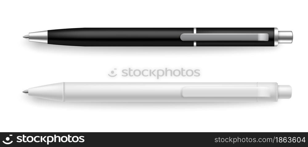 Pen realistic black and white. Stationery tools for writing realistic mockup. Objects with shadow above view marketing branding template, corporate business identity presentation. Vector isolated set. Pen realistic black and white. Stationery tools for writing realistic mockup. Objects with shadow above view marketing branding template, corporate identity presentation vector isolated set