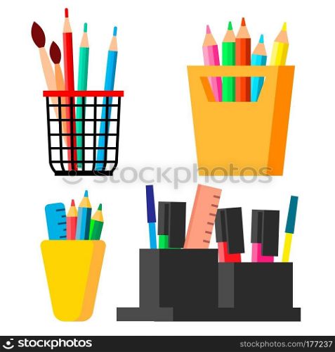 Pen Stand Set Vector. Brush, Pencil, Paint Brush Isolated Illustration. Pen Stand Set Vector. Brush, Pencil, Paint Brush. Isolated Cartoon Illustration