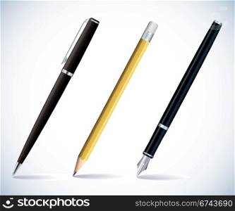 Pencil and pens. Illustration of a pencil, a ball pen and a fountain pen