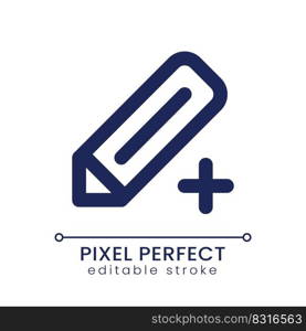 Pencil and plus pixel perfect linear ui icon. Create new drawing. Editing and correcting. GUI, UX design. Outline isolated user interface element for app and web. Editable stroke. Poppins font used. Pencil and plus pixel perfect linear ui icon