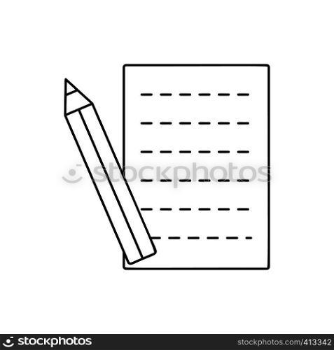 Pencil and sheet line icon, thin contour on white background. Pencil and sheet line icon